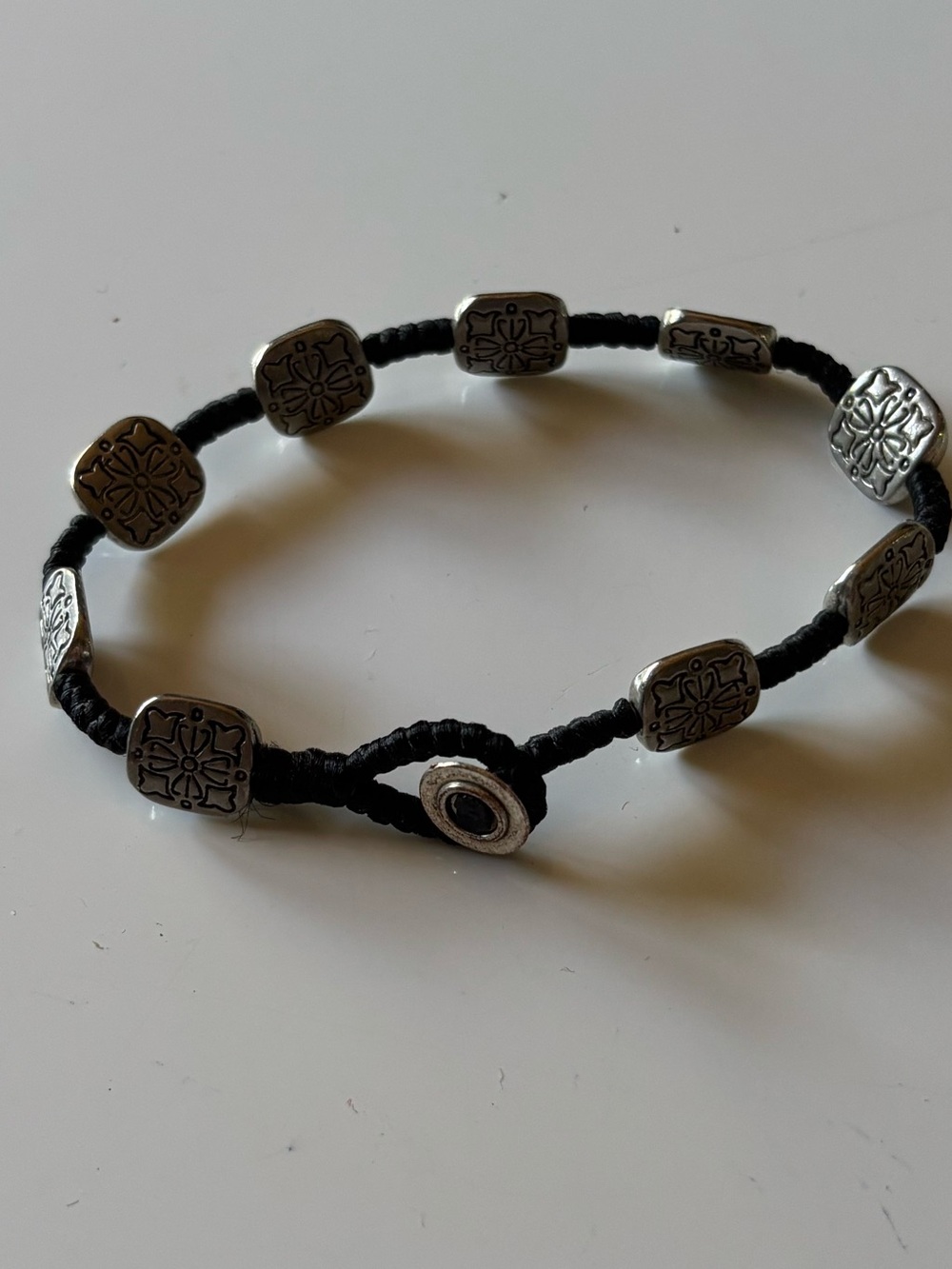 Silver Tone Floral Square Bead Black Cord Bracelet Button Closure - Picture 4 of 5